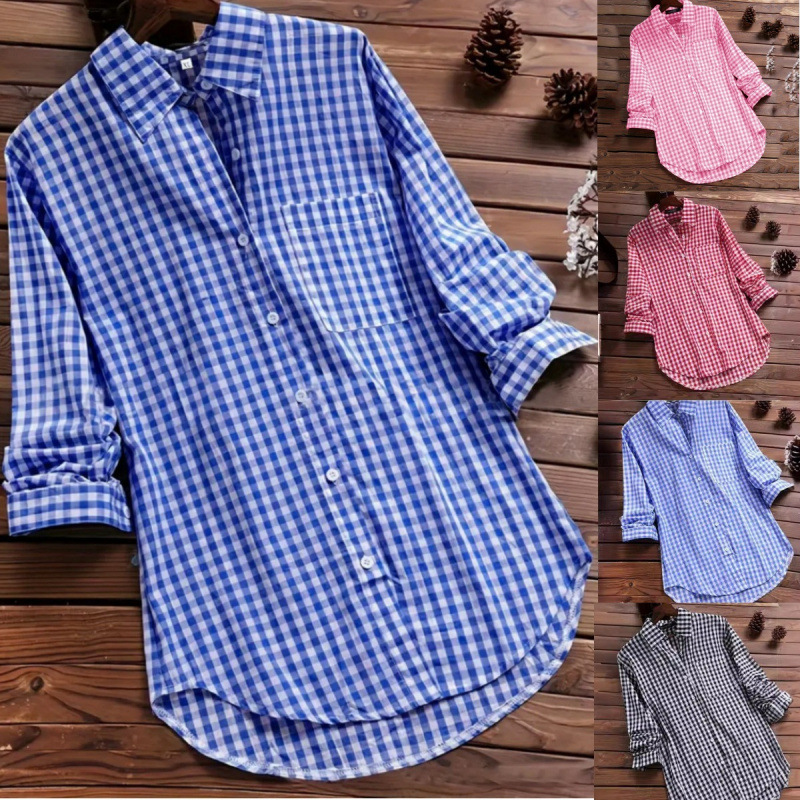 Loose Plaid Shirt Collar Long  - Vintage Fashion Ebay ulasan dan harga